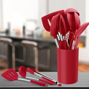 Silicone Kitchen Utensils Set, 25 Pcs Cooking Utensil With Holder, Heat Resistant Kitchen Tools With Stainless Steel Handle For Non-Stick Cookware, Turner Spatula Spoon Tong Brush Whisk, Red Red