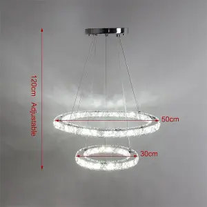 Modern 2 Tier Circular Adjustable Crystal Integrated LED Ceiling Pendant Light 50cm Cool White