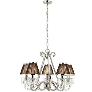 Esher Ceiling Pendant Chandelier Nickel Crystal & Black Shades 5 Lamp Light