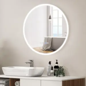 Costway 60 x 60cm LED Bathroom Mirror Wall Mounted Round Mirror w/3-Color Lights