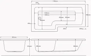 SunDaze 1700 x 850mm Gloss White Acrylic L Shape Left Hand Shower Bath