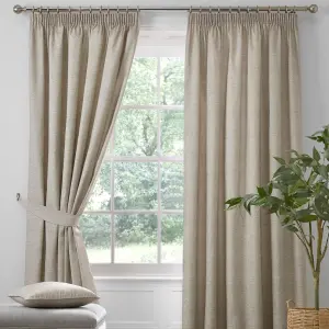 Pembrey Textured Pair of Pencil Pleat Curtains With Tie-Backs