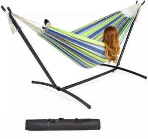 Garden Single Cotton Hammock Outdoor Swing with Space Saving Metal Stand Frame