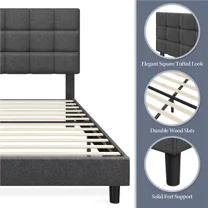 Yaheetech Dark Grey 5ft King Upholstered Bed Frame with Square Tufted Adjustable Headboard and Wooden Slats Support