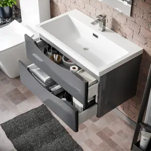 Nes Home Modern 800mm Steel Grey Wall Hung  Basin Sink Vanity Unit