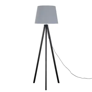 ValueLights Barbro Modern Black Wood Tripod Design Floor Lamp with Grey Tapered Shade - Includes 6w LED GLS Bulb 3000K Warm White