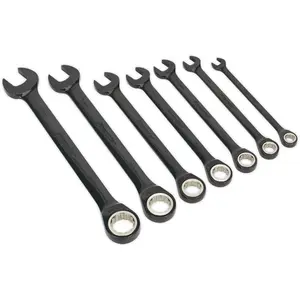 Premium 7-Piece Ratchet Spanner Set with 12 Point Metric Sockets - Black Series