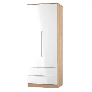 Milan Ready assembled Modern White & oak 2 Drawer Tall Double Wardrobe (H)1970mm (W)770mm (D)530mm