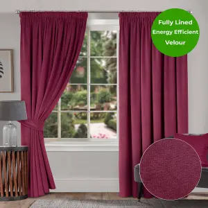 Home Curtains Montreal Super Soft Velour Fully Lined 45w x 48d" (114x122cm) Wine 3" Pencil pleat Curtains (PAIR)