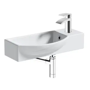 460mm Curved Wall Hung 1 Tap Hole Basin Chrome Sleek Waterfall Tap & Minimalist Bottle Trap Waste