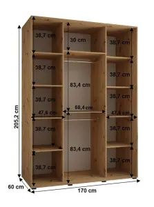 Sapporo II Oak Artisan Mirrored Sliding Door Wardrobe - Compact Storage, Lamella Effect (H)2050mm (W)1700mm (D)600mm