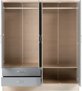 Nevada 4 Door 2 Drawer Mirrored Wardrobe in Grey Gloss and Oak Effect Finish