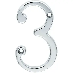 Satin Chrome Door Number 3 - 75mm Height 4mm Depth House Numeral Plaque