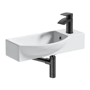 460mm Curved Wall Hung 1 Tap Hole Basin Matt Black Sleek Waterfall Tap & Minimalist Bottle Trap Waste