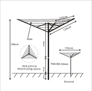 JVL 3 Arm Powder Coated Steel Rotary Airer, 45 Metres