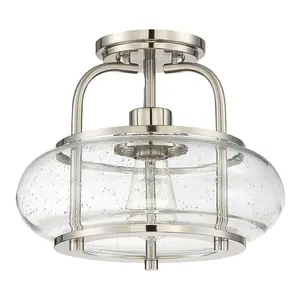 Semi Flush 1 Light Clear Seeded Glass Shade Brushed Nickel LED E27 60W