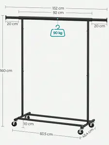 SONGMICS Clothes Rack On Wheels, Heavy Duty Clothes Rail, With Extendable Hanging Rail, 90 Kg Load Capacity, Black