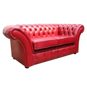 Chesterfield 2 Seater Sofa Settee Old English Gamay Red Leather In Balmoral Style