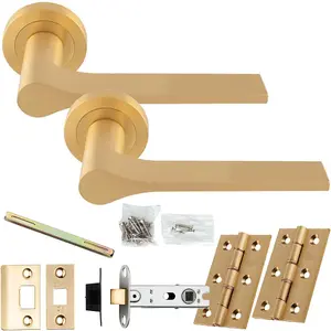 Door Handle & Latch Pack - Satin Brass - Slim Modern Lever On Round Rose