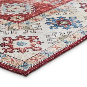 Red Traditional Persian Easy to Clean Bordered Geometric Rug For Dining Room Bedroom And Living Room-60 X 225cmcm (Runner)