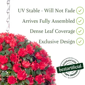 Best Artificial 23cm Red Rose Hanging Basket Flower Topiary Ball - Suitable for Outdoor Use - Weather & Fade Resistant