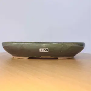 25cm Glazed Bonsai Pot - Oval - 25cm x 18cm x 4.5cm - Green