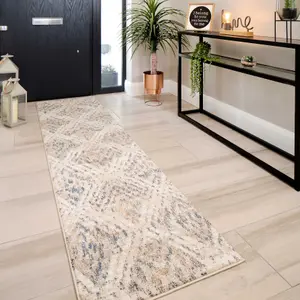 Neutral Beige Distressed Diamond Soft Runner Rug 60x240cm