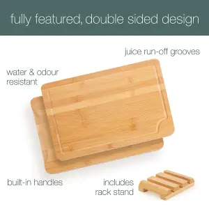 Woodluv Set of 3 Wooden Chopping Board Cutting Board With Stand - Strong, Durable & Hard Wearing Antibacterial Serving Chopping Bo