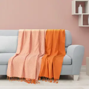 EHC Luxury Pack of 2 Chevron Cotton Single Sofa Throw Blanket, 125x 150cms - Orange