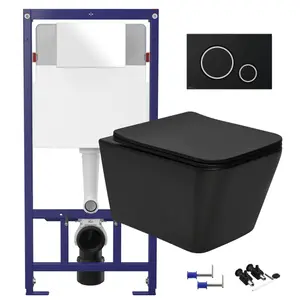 Matt Black Square Hidden Fixation Wall Hung Rimless Toilet Pan & 1.12m Concealed Cistern WC Frame & Matt Black, Trim Flush Plate