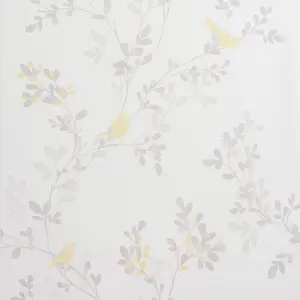 Colours Nadia Soft lemon Mica effect Birds & foliage Smooth Wallpaper Sample