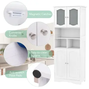 COSTWAY 148cm Tall Bathroom Cabinet Freestanding Storage Cabinet with Tempered Glass Doors