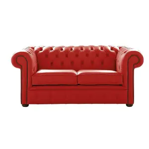 Chesterfield 2 Seater Shelly Flame Red Leather Sofa Settee Bespoke In Classic Style