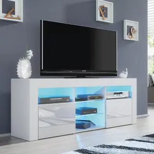 Pulse TV Unit 145cm White with High Gloss Doors and LED Lighting - Creative Furniture