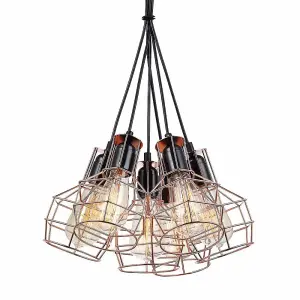 Luminosa Industrial And Retro Hanging Pendant Black, Copper 6 Light  with Wire Shade, E27