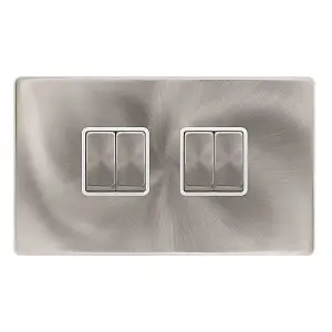 Brushed Steel Screwless Plate 10A 4 Gang 2 Way Ingot Light Switch - White Trim - SE Home