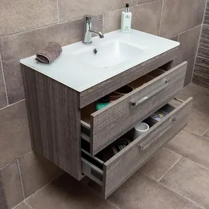 Novela 800mm Grey Wood Wall Hung Vanity Unit with Glass Basin