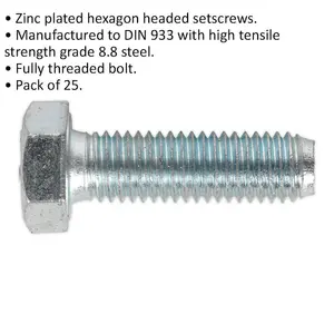 25 Pack of M12 x 40mm Grade 8.8 Zinc Setscrews - Fully Threaded DIN 933