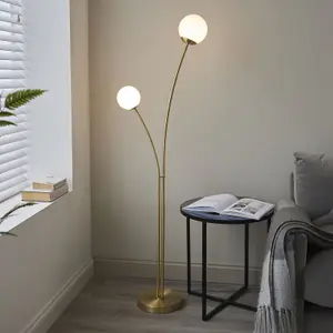 Floor Lamp Light Satin Brass & Opal Glass 2 x 3W LED G9 Complete Lamp