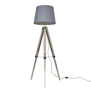 ValueLights Clipper Distressed Wood and Silver Chrome Tripod Floor Lamp with Grey Tapered Light Shade with 6w LED GLS Bulb