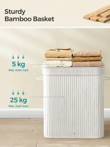 SONGMICS Laundry Hamper With Lid, Bamboo Laundry Basket, Removable Machine Washable Hamper Basket, With Handles, 100 L, White