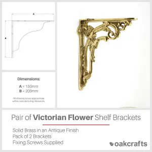 Oakcrafts - Pair of Antique Brass Victorian Flower Shelf Brackets - 150mm x 200mm