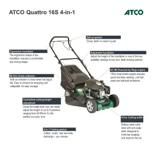 Atco Quattro 16s 4in1 Petrol Lawnmower Self-Propelled 41cm