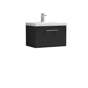 Wall Hung 1 Drawer Vanity Unit with Mid-Edge Ceramic Basin, 600mm - Woodgrain Charcoal Black