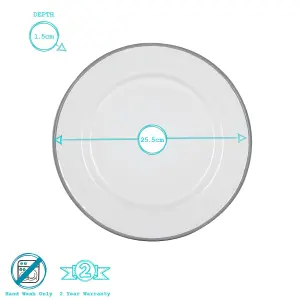 Argon Tableware - White Enamel Dinner Plates - 25.5cm - Grey - Pack of 6