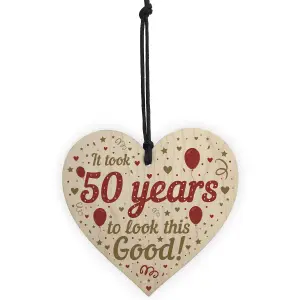 Red Ocean Funny 50th Birthday Gifts For Women Men Wooden Heart 50th Birthday Decoration Keepsake Friendship Gift