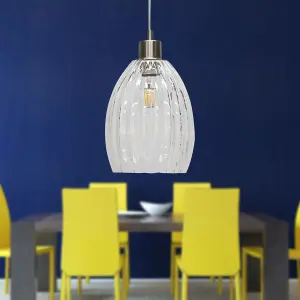 First Choice Lighting Set of 2 Birch Clear Fluted Glass with Satin Nickel Pendant Fittings