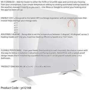 Electric White Glass Panel Heater - 2000W Smart Wi-Fi Wall Moutned Radiator