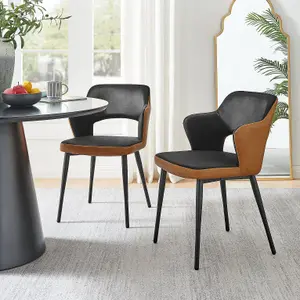 Furniturebox UK Kai 2x Black Velvet Tan Faux Leather Black Leg Dining Chair