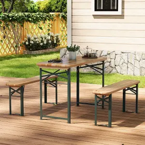 Set of 3 Garden Patio Metal Wood Folding Table Bench Set Camping Outdoor Furniture Set